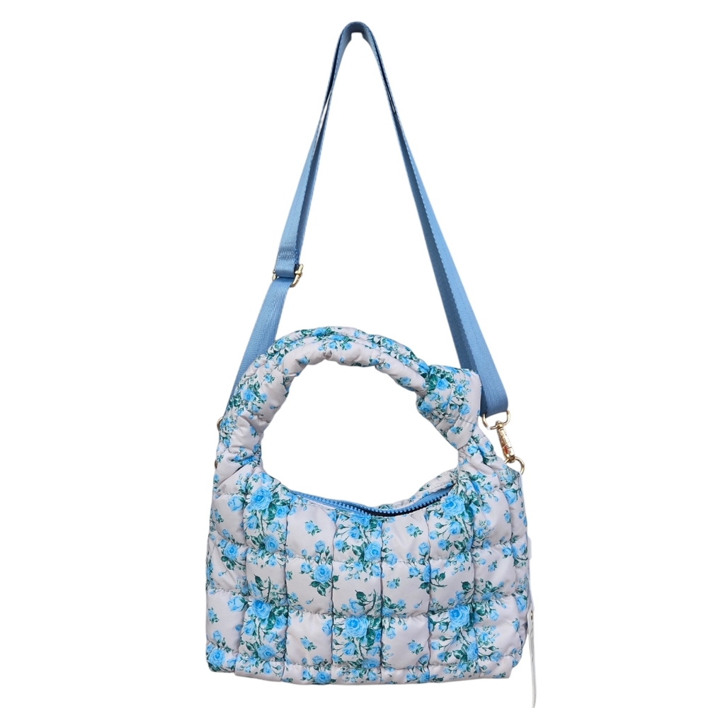 Urban Expressions Blue Floral Quilted Puffer Satchel Bag Convert To Crossbody - Picture 1 of 5